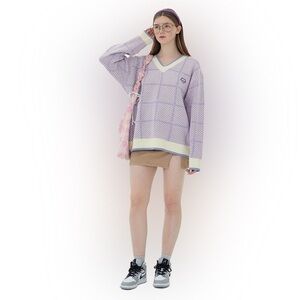 DAXUEN Plaid Sweater Oversized V-Neck Long Sleeves Wool Made Blue/Purple Size S